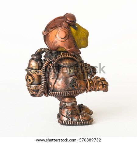 Steampunk robot. Rabbit egg tool. Cyberpunk style. Chrome and bronze parts. Isolated on white.