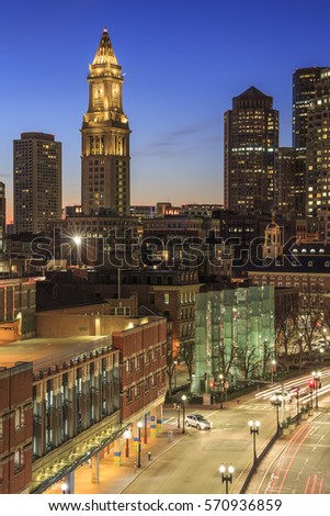 Aerial view of Boston in Massachusetts, USA at sunrise showcasing its skyscrapers at Government Center in the North End of the city.