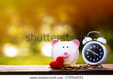 A piggy bank put on gold coins and red heart and alarm clock in the public park, the saving for loved one and planned investment in the future time concept.