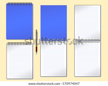Set of illustrations with blue notepad, pencil, open pad with blank page on light yellow background, top view