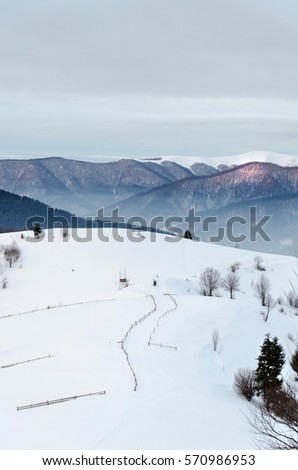 Winter mountain view at dawn wooden fence in snow, blue, green trees scattered on snow covered mountains, Winter landscape.