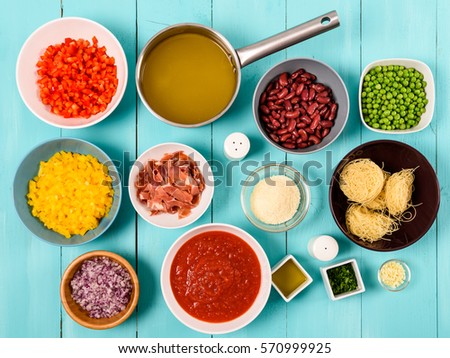 Red and Yellow Capsicum, Onion, Bacon, Vegetable Stock, Ketchup, Beans and Peas And Vermicelli Pasta Food Ingredients For Minestrone Soup Recipe