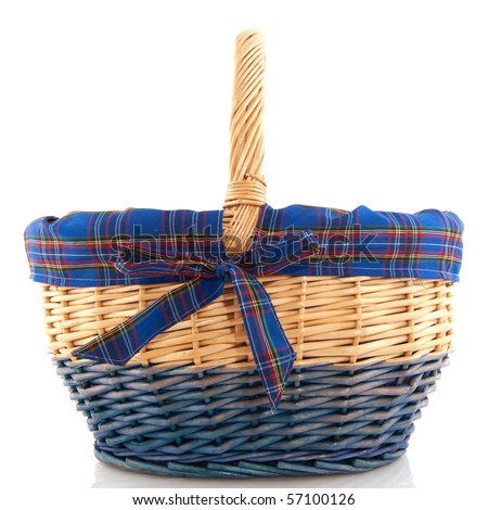 Cheerful cane basket with checkered ribbon in blue