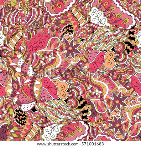 Tracery seamless calming pattern. Mehndi design. Ethnic colorful doodle texture. Curved doodling background. Vector.