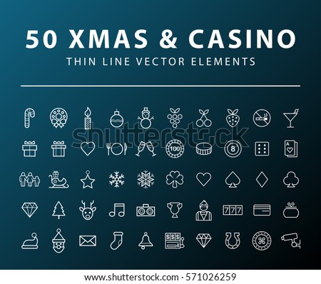 Set of 50 Minimal Thin Line Christmas and Casino Icons on Dark Background. Isolated Vector Elements.