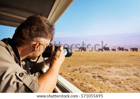 Man taking photo of elephants at African savannah Royalty-Free Stock Photo #571055695