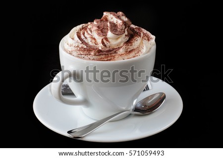 Fluffy hot chocolate cappuccino coffee in a cup with marshmallow. Isolated on white.cup of coffee