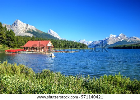 Maligne Lake and Maligne Mountain, Jasper, Canadian Rockies Royalty-Free Stock Photo #571140421