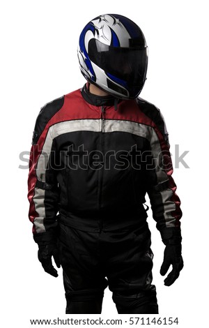 Man wearing a protective leather and textile racing suit for racers and motorcycle motor sports.  The gear is armored with a helmet and worn by bikers and professional race car drivers. Royalty-Free Stock Photo #571146154