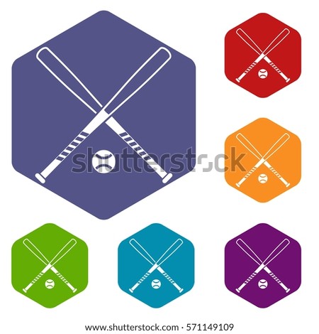 Crossed baseball bats and ball icons set rhombus in different colors isolated on white background