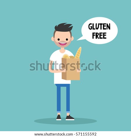 Young bearded man holding a paper bag with gluten free bread / flat editable vector illustration, clip art