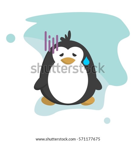 Flat cute and funny penguin cartoon sad with various face pose and emotion with blue background for kids education and children and shirt design