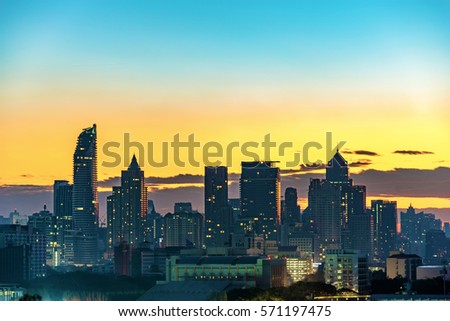 Bangkok Cityscape, business area at dawn. Sweet colors of sunrise in the Bangkok city, Thailand
