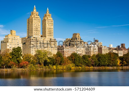 Upper West Side buildings and Central Park in Fall. Manhattan, New York City Royalty-Free Stock Photo #571204609