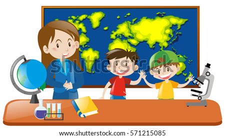 Teacher and two students in geography class illustration