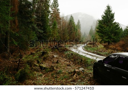 
Rain Carpathians. Late autumn in the mountains.
Muddy ground after rain in Carpathian mountains. 
Extreme path rural dirt road in the hills. Bad weather.