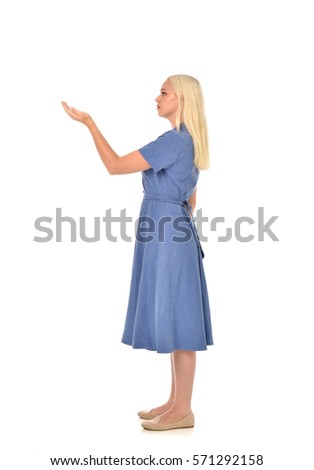 full length portrait of a blonde haired woman wearing a simple blue dress.
standing pose  isolated on white background.