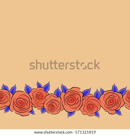 Horizontal trendy vector seamless Floral Pattern. Red, beige and blue roses with copy space (place for your text).