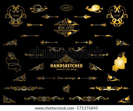 Vector set of calligraphic elements for design. Vintage valentine day set of arrows, wave dividers, ribbons. Ornate and silhouette option. Hand drawn sketch collection. Premium gold style