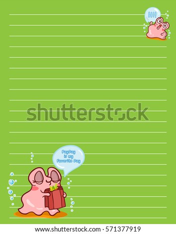 Vector printing paper note. Cute paper page for notebook, diary, letters, school notes, workbook. Kawaii illustration of pearl oyster with water bubbles. Bright colored background, lined sheet