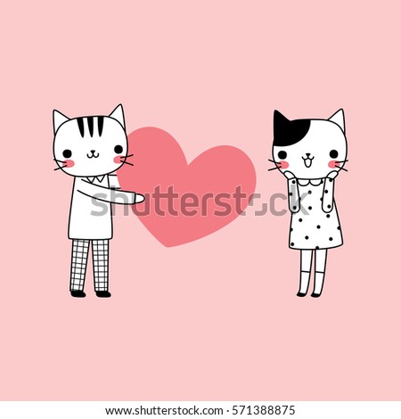 Couple in love, Cute cat character boy and girl holding pink heart. Happy valentine's day concept. Greeting card, poster, party invitation, festive, celebrations. Vector illustration in a flat style.