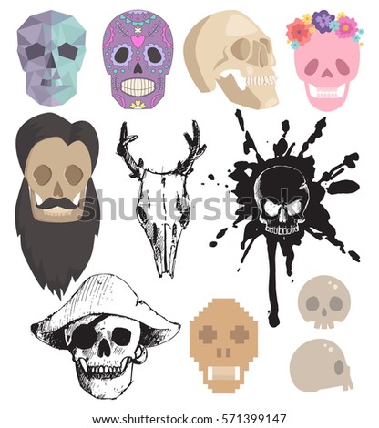 Different style skulls faces vector illustration.