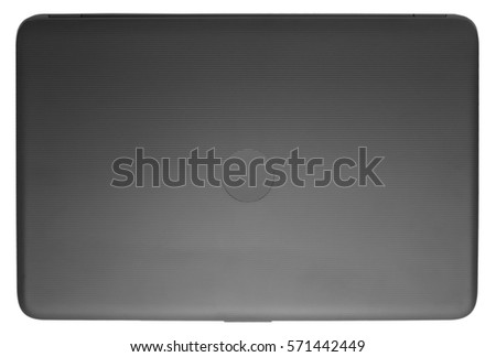Closed Black laptop. View from above. In the middle is a place for the logo. Royalty-Free Stock Photo #571442449
