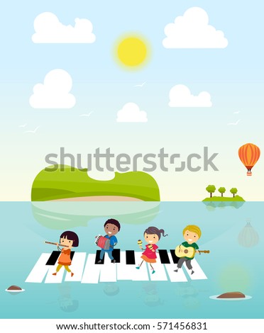 Music world, happy kids joyfully playing instruments on water and piano keys in music world