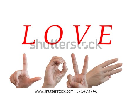 Hands trying to send symbols like alphabet the word love isolated on white background. Concepts and Ideas for Valentine's Day.