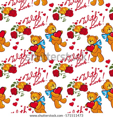 Seamless pattern with hearts and teddy bears. Vector clip art.