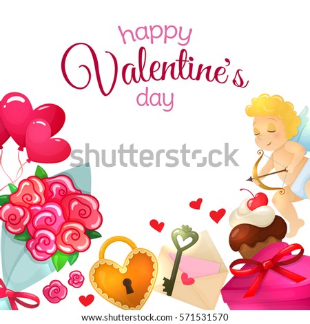 Set of Valentine's Day icons. Colorful cartoon illustration for Valentine's Day  greeting card and decoration. Vector.