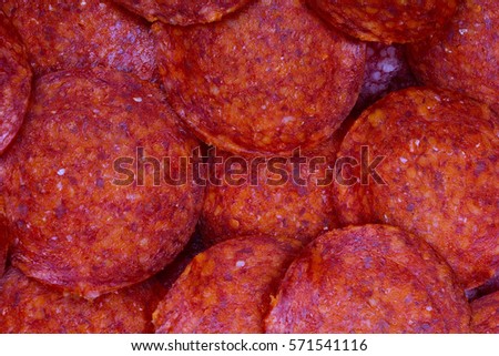 Texture with cut salami design. Sliced salami sausage pattern. Snags red meat pattern texture background. 