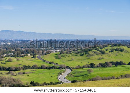 View towards San Jose and south San Francisco bay from the Stanford dish hills, California