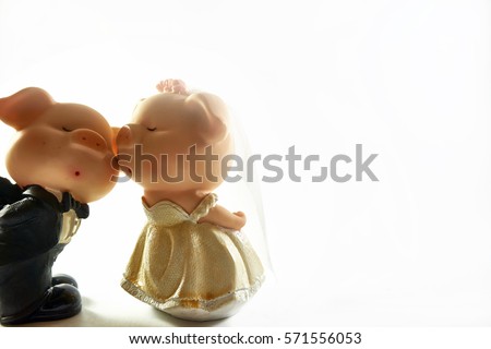                                Pig cartoon in wedding dress kiss the groom