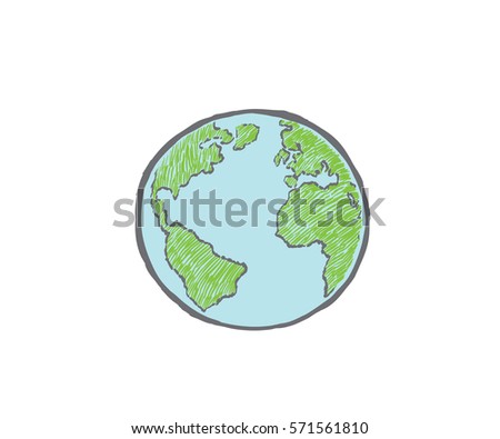Earth icon hand-drawn on white background. World map in doodles or globe retro style. Environment design for earth day.