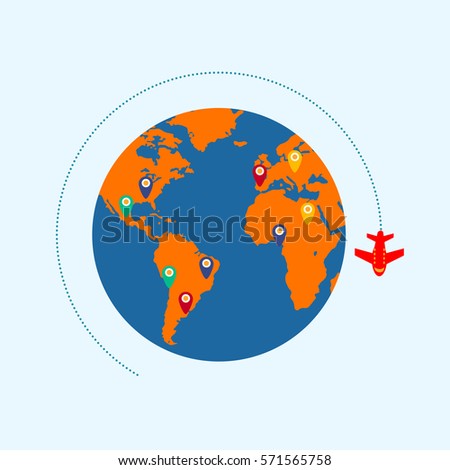 The Earth and airplane. Tourism design. Vector illustration