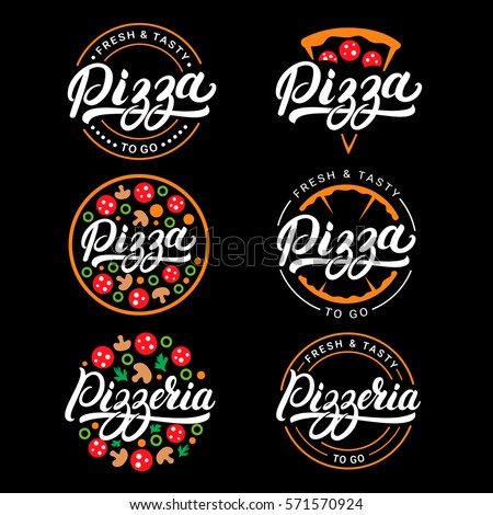 Set of pizza and pizzeria hand written lettering logo, label, badge. Emblem for fast food restaurant, cafe. Isolated on black background. Vector illustration.