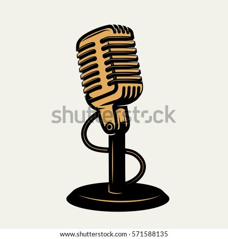 vintage microphone icon isolated on white background. Design elements for logo, poster, emblem, sign. Vector monochrome illustration