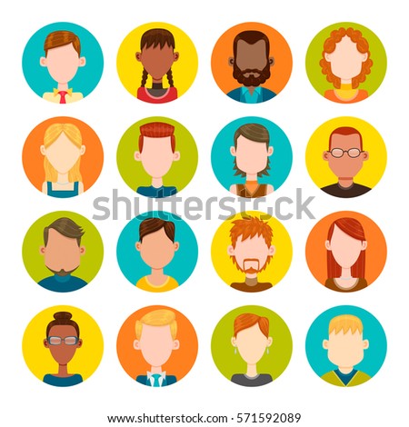 Colorful round icons with male and female avatars. Vector illustration. Hair, glasses and earrings are isolated and interchangeables.