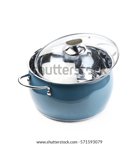 Steel green stock pot with a glass lid, composition isolated over the white background