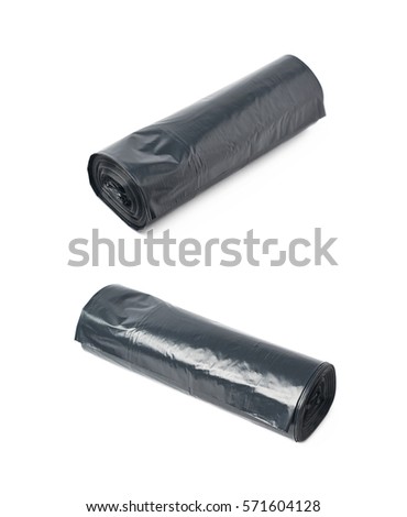 Black plastic polyethylene trash bag roll isolated over the white background, set of two different foreshortenings