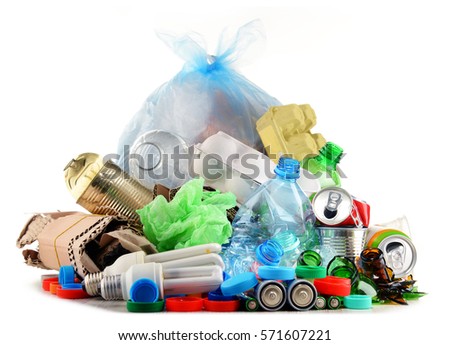Recyclable garbage consisting of glass, plastic, metal and paper isolated on white