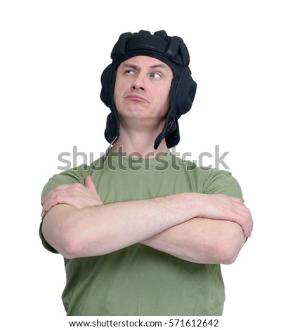 Portrait of a man in a tank helmet isolated on white background