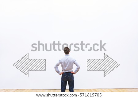 decision making, choice or doubt concept, businessman thinking and choosing direction,  business strategy Royalty-Free Stock Photo #571615705