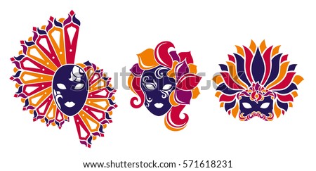 Venetian mask set. Mardi gras, carnival mask. Bright vector illustration.