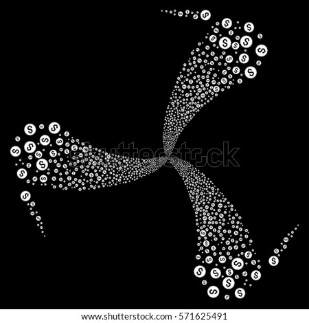 Financial Seal fireworks swirl rotation. Vector illustration style is flat white iconic symbols on a black background. Object spiral created from random icons.