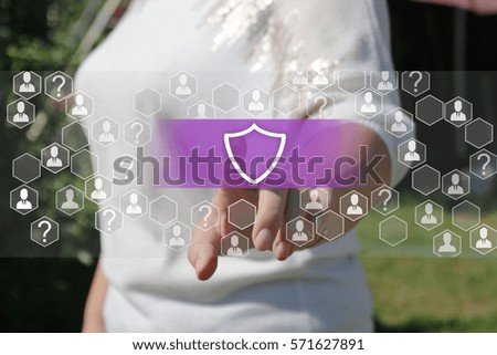 The businesswoman clicks on the button, virus sign security business in the virtual screen. 