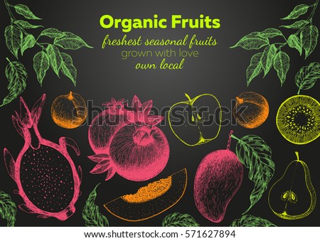 Fruits top view frame. Farmers market menu design. Healthy food chalkboard poster. Vintage hand drawn sketch, vector illustration. Linear graphic