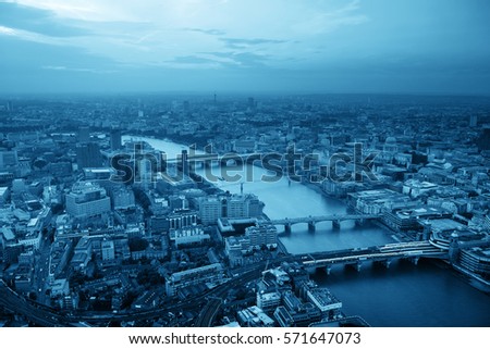 London rooftop view panorama with urban architectures and bridges.