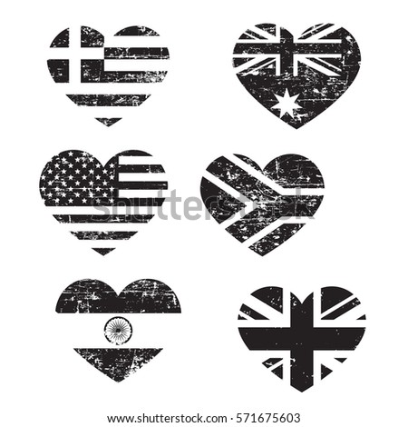 Retro heart flags, black isolated on white background, vector illustration.